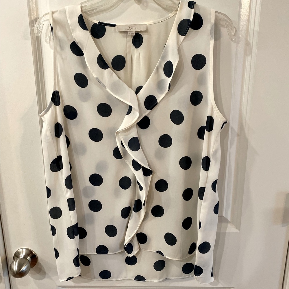 LOFT White Sleeveless Polka Dot Ruffle Blouse